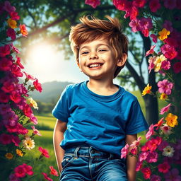 Um retrato vibrante e expressivo de uma criança autista sorrindo em um ambiente natural, cercada por flores coloridas