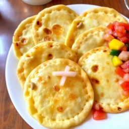 A vibrant plate of freshly made pupusas, stuffed with cheese and beans, garnished with traditional Curtido (pickled cabbage) and a side of tomato salsa