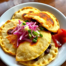 A vibrant plate of freshly made pupusas, stuffed with cheese and beans, garnished with traditional Curtido (pickled cabbage) and a side of tomato salsa