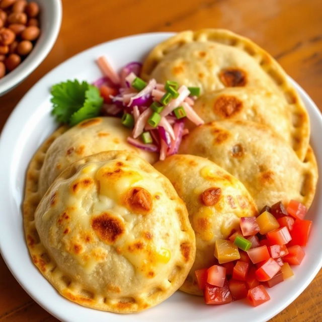 A vibrant plate of freshly made pupusas, stuffed with cheese and beans, garnished with traditional Curtido (pickled cabbage) and a side of tomato salsa