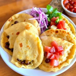 A vibrant plate of freshly made pupusas, stuffed with cheese and beans, garnished with traditional Curtido (pickled cabbage) and a side of tomato salsa