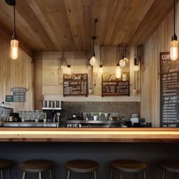 Modern coffee shop counter with a rustic design. Wooden counters, industrial bar stools, and trendy lighting fixtures