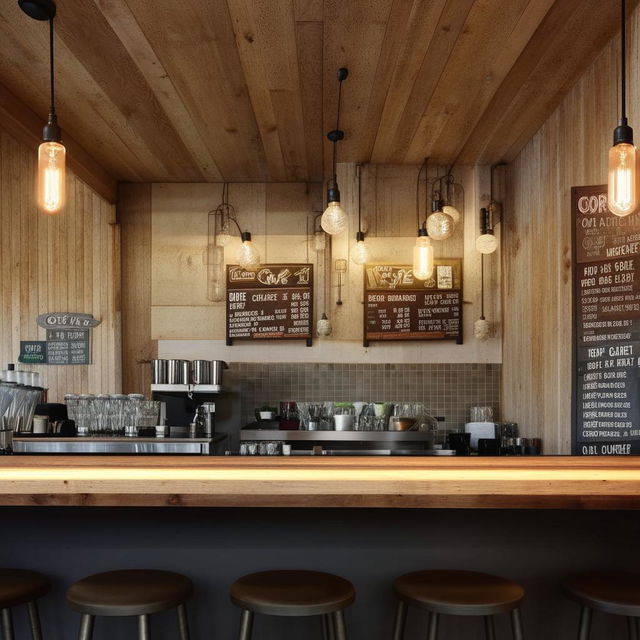 Modern coffee shop counter with a rustic design. Wooden counters, industrial bar stools, and trendy lighting fixtures