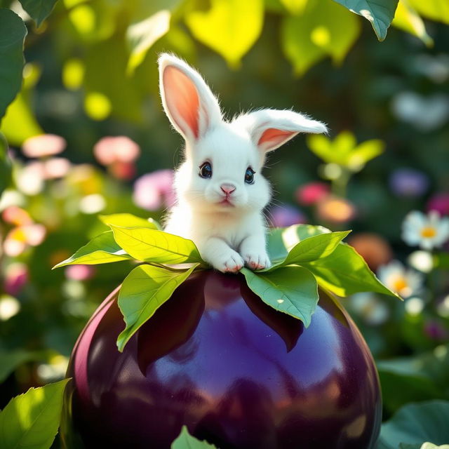 A small, cute bunny with fluffy white fur sitting comfortably on top of a large, glossy purple eggplant