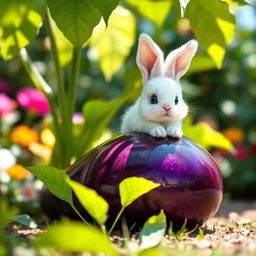 A small, cute bunny with fluffy white fur sitting comfortably on top of a large, glossy purple eggplant