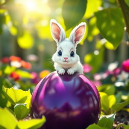 A small, cute bunny with fluffy white fur sitting comfortably on top of a large, glossy purple eggplant
