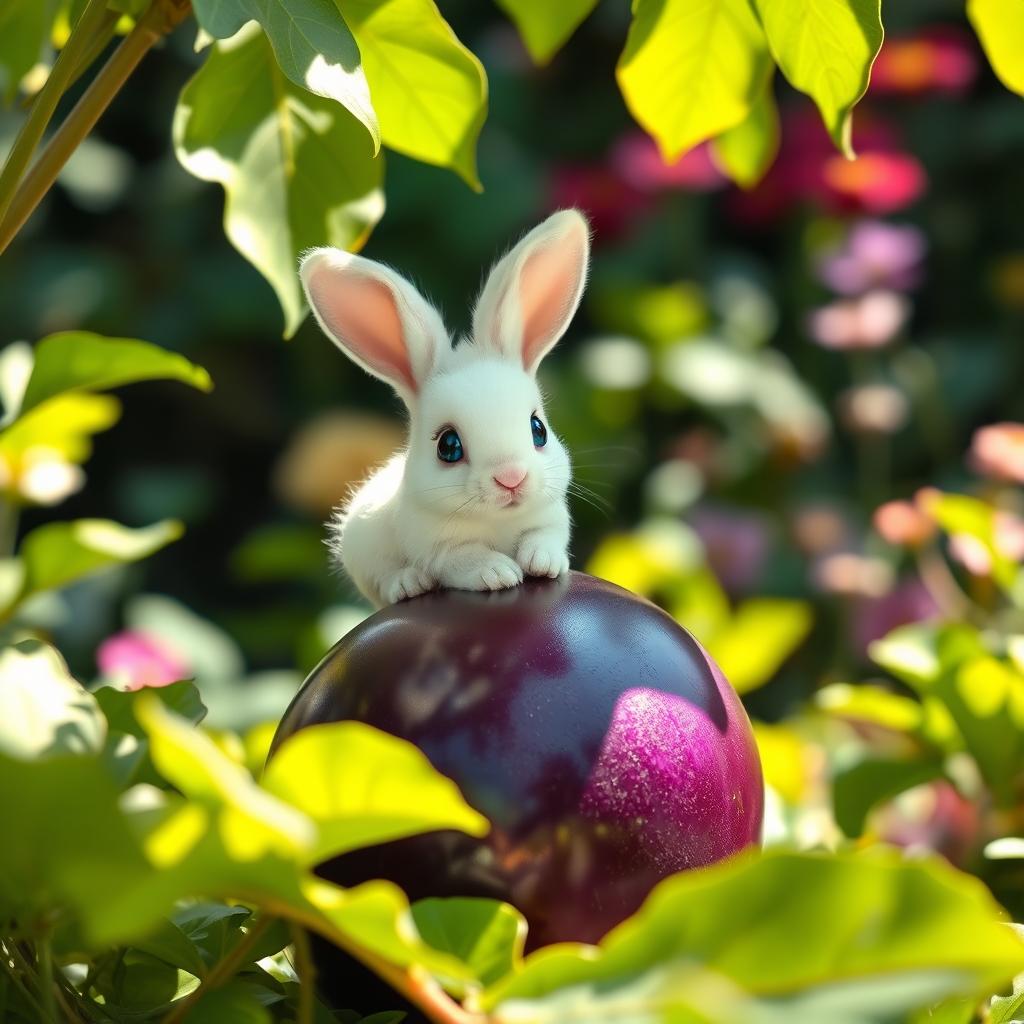 A small, cute bunny with fluffy white fur sitting comfortably on top of a large, glossy purple eggplant