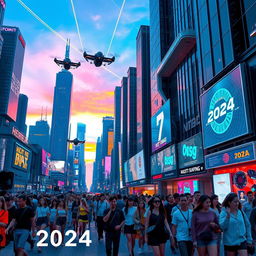 A bustling futuristic cityscape at twilight, with neon lights glowing vividly in shades of blue, purple, and pink