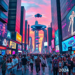 A bustling futuristic cityscape at twilight, with neon lights glowing vividly in shades of blue, purple, and pink
