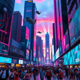A bustling futuristic cityscape at twilight, with neon lights glowing vividly in shades of blue, purple, and pink