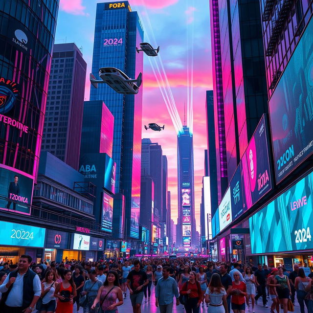 A bustling futuristic cityscape at twilight, with neon lights glowing vividly in shades of blue, purple, and pink