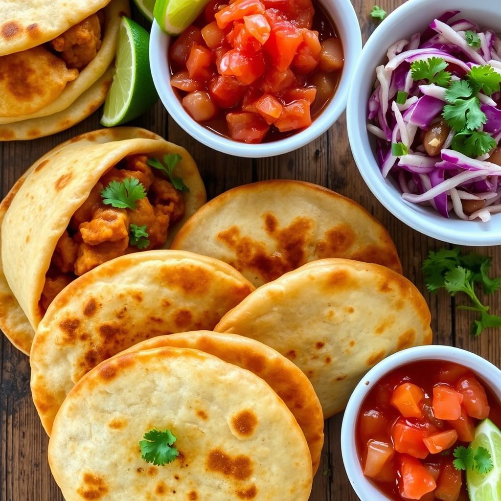 A delicious display of pupusas filled with quesillo (a soft, stretchy cheese) and refried beans