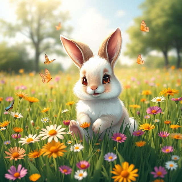 A cute, fluffy rabbit sitting in a lush green meadow filled with colorful wildflowers