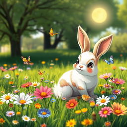 A cute, fluffy rabbit sitting in a lush green meadow filled with colorful wildflowers