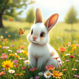 A cute, fluffy rabbit sitting in a lush green meadow filled with colorful wildflowers
