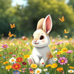 A cute, fluffy rabbit sitting in a lush green meadow filled with colorful wildflowers
