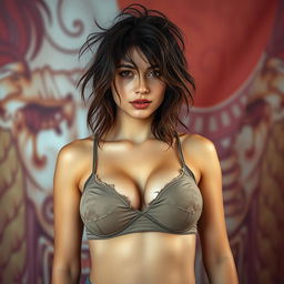 A beautiful 20-year-old woman from Chile, very attractive and sexy, featuring very large breasts showcased in a dirty, slightly torn bra
