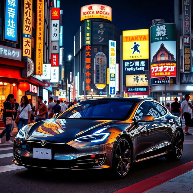 A stunning nightlife scene in Tokyo featuring a sleek Tesla car parked on a vibrant street illuminated by neon lights