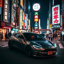 A stunning nightlife scene in Tokyo featuring a sleek Tesla car parked on a vibrant street illuminated by neon lights