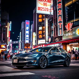 A stunning nightlife scene in Tokyo featuring a sleek Tesla car parked on a vibrant street illuminated by neon lights