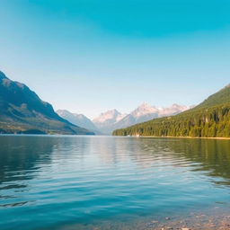 A serene landscape featuring a tranquil lake surrounded by majestic mountains under a clear blue sky