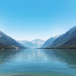 A serene landscape featuring a tranquil lake surrounded by majestic mountains under a clear blue sky