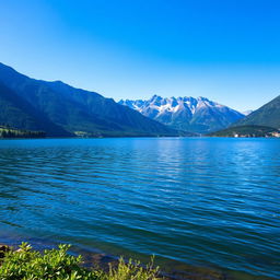A serene landscape featuring a tranquil lake surrounded by majestic mountains under a clear blue sky