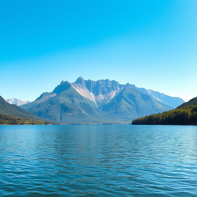 A serene landscape featuring a tranquil lake surrounded by majestic mountains under a clear blue sky