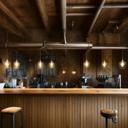 Modern coffee shop counter with a rustic design. Wooden counters, industrial bar stools, and trendy lighting fixtures