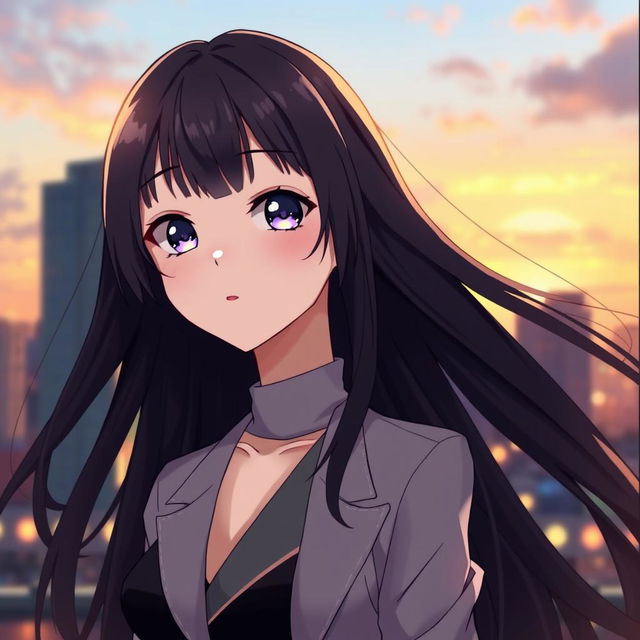 A serene portrait of an anime character with long, flowing dark hair and delicate features, wearing a stylish modern outfit