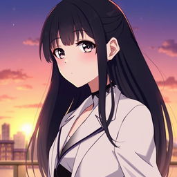 A serene portrait of an anime character with long, flowing dark hair and delicate features, wearing a stylish modern outfit