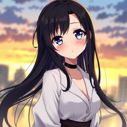 A serene portrait of an anime character with long, flowing dark hair and delicate features, wearing a stylish modern outfit