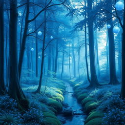 A serene blue forest that envelops the viewer in a tranquil atmosphere