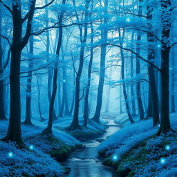 A serene blue forest that envelops the viewer in a tranquil atmosphere