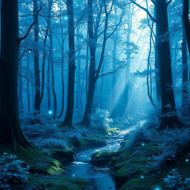 A serene blue forest that envelops the viewer in a tranquil atmosphere