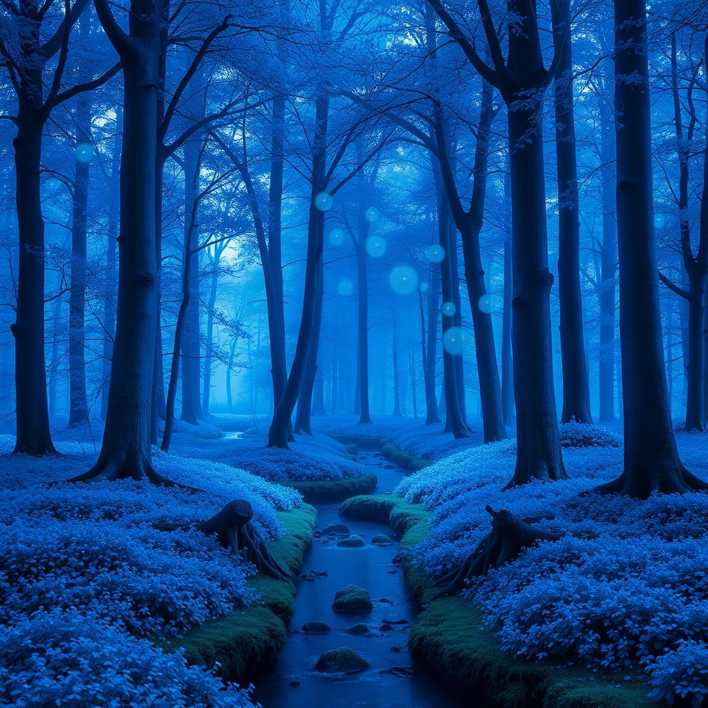 A serene blue forest that envelops the viewer in a tranquil atmosphere