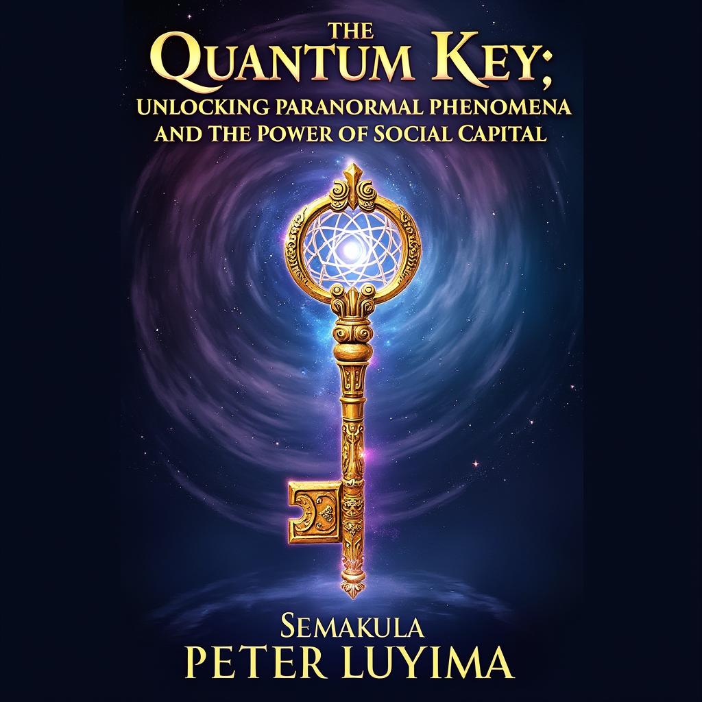 A visually stunning book cover design for "The Quantum Key: Unlocking Paranormal Phenomena and the Power of Social Capital" by Ssemakula Peter Luyima