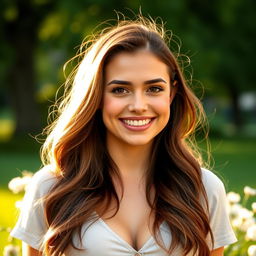 A good-looking 29-year-old woman with long, flowing brown hair