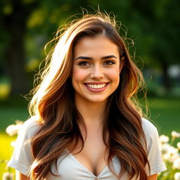 A good-looking 29-year-old woman with long, flowing brown hair