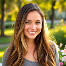 A good-looking 29-year-old woman with long, flowing brown hair