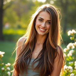 A good-looking 29-year-old woman with long, flowing brown hair