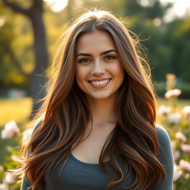 A good-looking 29-year-old woman with long, flowing brown hair