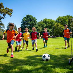 A group of teenagers, about 15 years old, playing soccer on a sunny day in a park