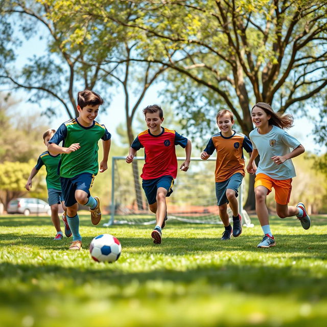 A group of teenagers, about 15 years old, playing soccer on a sunny day in a park