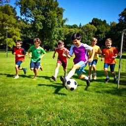A group of teenagers, about 15 years old, playing soccer on a sunny day in a park