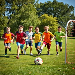 A group of teenagers, about 15 years old, playing soccer on a sunny day in a park