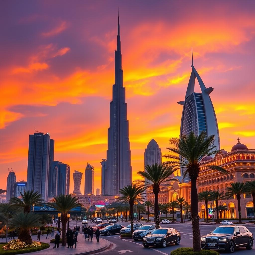 A stunning view of the Dubai skyline at sunset, featuring iconic buildings like the Burj Khalifa and Burj Al Arab