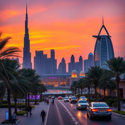 A stunning view of the Dubai skyline at sunset, featuring iconic buildings like the Burj Khalifa and Burj Al Arab