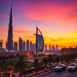 A stunning view of the Dubai skyline at sunset, featuring iconic buildings like the Burj Khalifa and Burj Al Arab