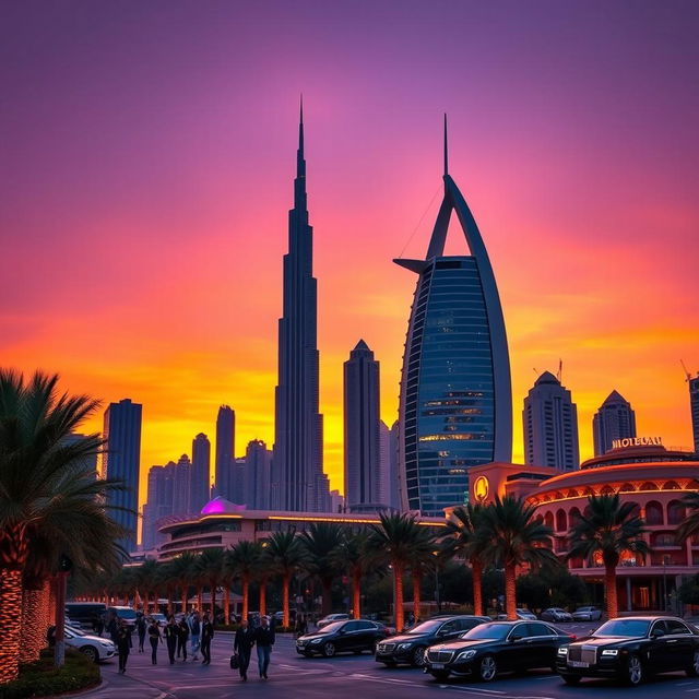 A stunning view of the Dubai skyline at sunset, featuring iconic buildings like the Burj Khalifa and Burj Al Arab